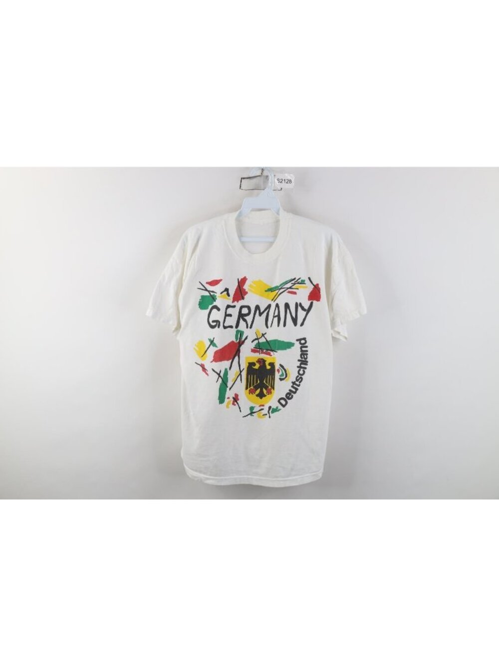 Vintage 90s Womens Medium Spell Out Paint Stroke Germany Deutschland T-Shirt